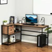 HOMCOM L-Shaped Home Offie Computer Desk with Storage Shelves, 2 Dawers and Industrial Steel Frame, Black/Brown(m-2)