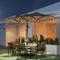 Outsunny Garden Parasol 14.4 ft. Double-Sided Sun Umbrella with Base, Patio Parasol with LED Solar Lights, Khaki(m-2)