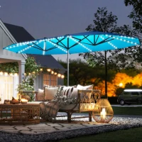 Outsunny 15ft Double-Sided Outdoor Umbrella with Solar Lights, UPF50+ Extra Large Aluminum Patio Umbrella with Crank, Blue(m-10)