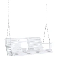 Outsunny 2 to 3 Seater Porch Swing Wood Patio Swing Chair Swing Bench with Foldable Table, Cup Holders, Steel Chains, White(m-11)