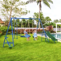 Outsunny 693 lbs Metal Swing Set for Kids, 5 in 1 Outdoor Playset with Heavy Duty A-Frame Stand, 29.5" Saucer Swing, Slide, Blue(m-2)