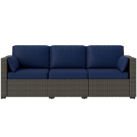 Outsunny Patio Couch PE Wicker Deep Seating Outdoor Sofa with Removable Cushions, 3 Seater Rattan Sofa, Navy Blue