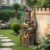 Outsunny Outdoor Water Fountain, Decorative Garden Birdhouse, 3-Tier Cascading Waterfall with LED Lights and Water Wheel(m-2)