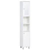 kleankin Tall Bathroom Storage Cabinet with Mirror, Freestanding Narrow Linen Tower Cabinet with Adjustable Shelves for Bathroom, White(m-2)