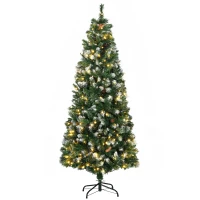 HOMCOM 6' Decorated Christmas Trees, Skinny Prelit Artificial Christmas Tree with Snow-dipped Branches, Auto Open, Pinecones(m-11)