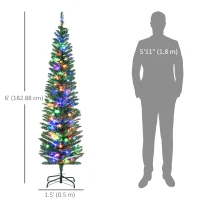 HOMCOM 6' Artificial Pencil Christmas Trees Holiday Decoration with Colourful LED Lights, Steel Base, Skinny Shape(m-3)