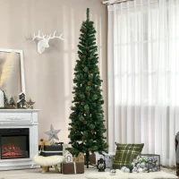 HOMCOM 7.5 Foot Pencil Artificial Christmas Tree, Slim Pine Needles Xmas Tree with Realistic Branches, Pine Cones, Metal Base, Green(m-8)