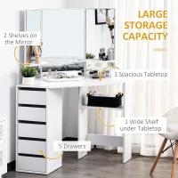 HOMCOM Corner Dressing Table, Makeup Desk with 3-piece Mirror and 5 Drawers, White(m-4)