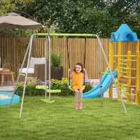 Outsunny Swing Set for Kids, Heavy Duty A-Frame Metal Swing Frame with Glider, Swing Seat, Ground Stakes for Backyard, Green(m-8)