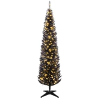 HOMCOM 7ft Pencil Christmas Tree, Slim Artificial Christmas Tree with Realistic Branches and Warm White LED Lights, Black(m-1)