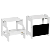 Qaba Kids Kitchen Step Stool, 2 in 1 Kitchen Table Set Toddler Standing Tower with Chalkboard, Safety Rail for Kitchen, Bathroom, Bedroom, Gray(m-11)