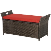 Outsunny 29 Gallon Patio Wicker Storage Bench, Outdoor PE Rattan Furniture, 2-In-1 Large Capacity Rectangle Garden Storage Box with Handles and Cushion, Red(m-11)