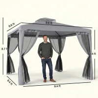 Outsunny 9.6' x 9.6' Patio Gazebo, Outdoor Canopy Shelter with 2-Tier Roof and Netting, Steel Frame for Garden, Lawn, Backyard, and Deck, Gray(m-3)
