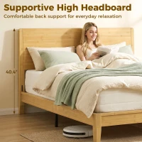 HOMCOM Queen Size Bamboo Platform Bed Frame with Headboard and 12 Poplar Slats, No Box Spring Needed, Easy Assembly, Natural(m-6)