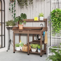 Outsunny Potting Bench Table, Outdoor Garden Table Wooden Work Station with Removable Sink, Faucet, Drawer, Shelves, Hooks, Dark Brown(m-10)