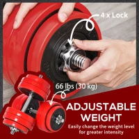 Soozier 66lbs 4-In-1 Dumbbell & Barbell Adjustable Set Strength Muscle Exercise Fitness Plate Bar Clamp Rod Home Gym Sports Area(m-6)
