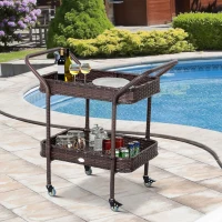 Outsunny PE Rattan Outdoor Bar Table, Outdoor Kitchen Island with 2-Tier Shelf, Wheeled Patio Serving Cart with Brakes for Poolside, Garden, Brown(m-9)