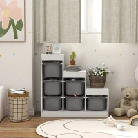 Qaba 3 Layers Kids Toy Storage Organizer with 6 Storage Bins, Kids Bookshelf for Ages 3-8 Years, Play Room, Bedroom, Gray(m-8)