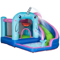 Outsunny 5-in-1 Water Slide Kids Inflatable Bounce House Narwhals Theme Water Park Includes Slide Trampoline Pool Cannon Climbing Wall with Carry Bag, Repair Patches without Air Blower(m-1)