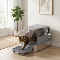 PawHut Stainless Steel Cat Litter Box with Flip Lid, XXL Enclosed Litter Box, High Sided, Step, Metal Scoop, 2 Deodorizing Bags(m-9)