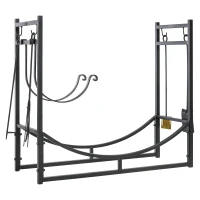 Outsunny 33" Firewood Rack Outdoor Indoor with 4-Piece Fireplace Tools, Firewood Holder with 2 Tiers, Black(m-11)