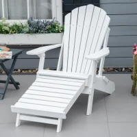 Outsunny Folding Adirondack Chair with Pull Out Ottoman, Outdoor Fir Wood Fire Pit Chair with Footrest, Porch Fanback Lounge for Patio, Poolside Lawn Garden, White(m-10)