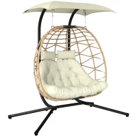 Outsunny Double Wicker Egg Swing Chair with Canopy, Foldable Hanging Egg Chair with Stand Cushion Headrest, Beige(m-9)