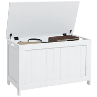 HOMCOM 29.9" Storage Trunk w/ 2 Safety Hinges, Wooden Storage Bench w/ Side Handles, Storage Chest for Playroom, White(m-11)
