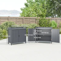 Outsunny Garden Storage Cabinet, Outdoor Potting Bench Table with Galvanized Top and Shelf, Tool Shed with Double Doors, Grey(m-3)