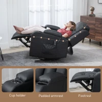 HOMCOM Swivel Massage Recliner Chair Rocker, Overstuffed Manual Reclining Sofa, PU Leather Rocking Chair with Side Pockets, Cup Holders, for Living Room, Nursery, Black(m-9)