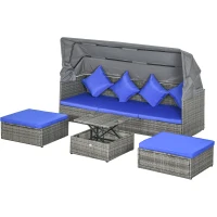Outsunny 4 Piece Adjustable Canopy Outdoor Rattan Sofa Set w/ Height Adjustable Coffee Table & Cushions, Dark Blue(m-1)