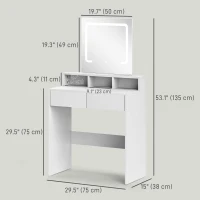 HOMCOM Makeup Vanity Desk with Mirror and LED Lights, for Bedroom, Modern Dressing Table with Drawers, Compartments, White(m-3)