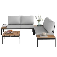 Outsunny 4 Piece L Shaped Garden Furniture Set, 4 Seater Outdoor Corner Garden Set, 2 Loveseats, 2 Coffee Tables, Teak(m-2)