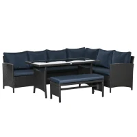 Outsunny 4 Pieces Patio Wicker Dining Sets, Outdoor PE Rattan Sectional Conversation Set with Cushions & Dining Table, Bench for Garden, Backyard, Lawn, Navy Blue(m-1)