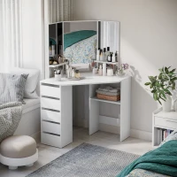 HOMCOM Corner Dressing Table, Makeup Desk with 3-piece Mirror and 5 Drawers, White(m-1)