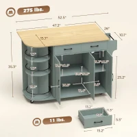 HOMCOM 53" Kitchen Island with Power Outlet and Drop Leaf, Kitchen Cart on Wheels with 360° Rotating Rack, Sage Green(m-3)