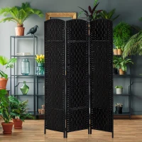 HOMCOM Room Divider 3 Panel, 6FT Tall Folding Privacy Screen, Freestanding Hand-Woven Partition for Room Separation with 360° Hinges, Paper Rope Diamond Weave, Black(m-10)
