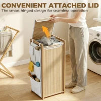 HOMCOM Bamboo Laundry Hamper with Removable Drawstring Bag and Side Storage Pockets, 20 Gal, Natural(m-5)