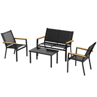 Outsunny Outdoor 4 Piece Set Patio Furniture with Sofa, Tempered Glass Tabletop for Garden Backyard Porch, Black(m-2)