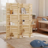 HOMCOM 5 Panel 67" Tall Wood Privacy Screen Room Divider with 3 Shelves and Folding Storage for Bedroom, Natural Wood(m-9)