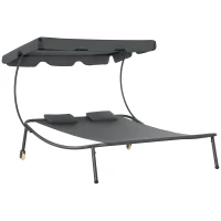 Outsunny Patio Double Chaise Lounge Chair, Outdoor Wheeled Hammock Daybed with Adjustable Canopy and Pillow for Sun Room, Garden, or Poolside, Grey(m-1)