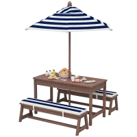 Qaba Outdoor Wooden Kids Picnic Table & Bench Set with Cushions and Umbrella, for Patio, Garden, Navy Blue(m-11)
