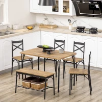HOMCOM Industrial Dining Table Set for 6 People, 6 Piece Kitchen Table and Chairs Set, Dinner Table with Bench, Steel Frame and Storage Shelf, Dinette Set, Rustic Brown(m-2)