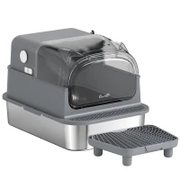 PawHut Stainless Steel Cat Litter Box with Flip Lid, XXL Enclosed Litter Box, High Sided, Step, Metal Scoop, 2 Deodorizing Bags(m-1)