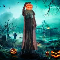 HOMCOM 6' Life Size Decoration Animatronic Skull Pumpkin Ghost Outdoor Halloween, Sound and Motion Activated(m-8)