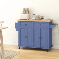 HOMCOM Kitchen Island on Wheels, Rolling Cart with Rubberwood Top, Spice Rack, Towel Rack and Drawers, Navy Blue(m-10)