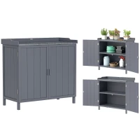 Outsunny Garden Storage Cabinet, Outdoor Potting Bench Table with Galvanized Top and Shelf, Tool Shed with Double Doors, Grey(m-9)