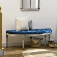 HOMCOM Vintage Semi-Circle End of Bed Bench, Upholstered Bedroom Entryway Bench with Tufted Velvet-Touch Fabric with Rubberwood Legs, Blue(m-2)