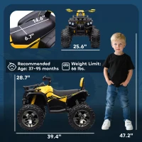 Aosom 12V Kids Recharging Ride-on Electric ATV Quad w/ Realistic Headlights Wide Wheel, Yellow(m-3)
