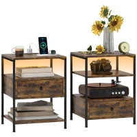 HOMCOM Set of 2 Side Tables with Charging Stations and LED Lights, End Tables with Drawer and Shelves for Living Room, Brown(m-11)